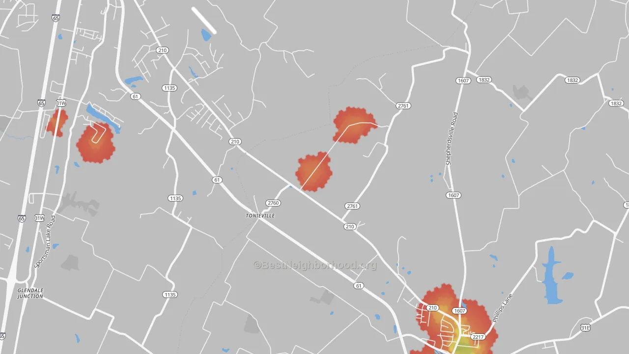 Walk Grade map of Tonieville, KY, walkable areas in green and car-dependent areas in red