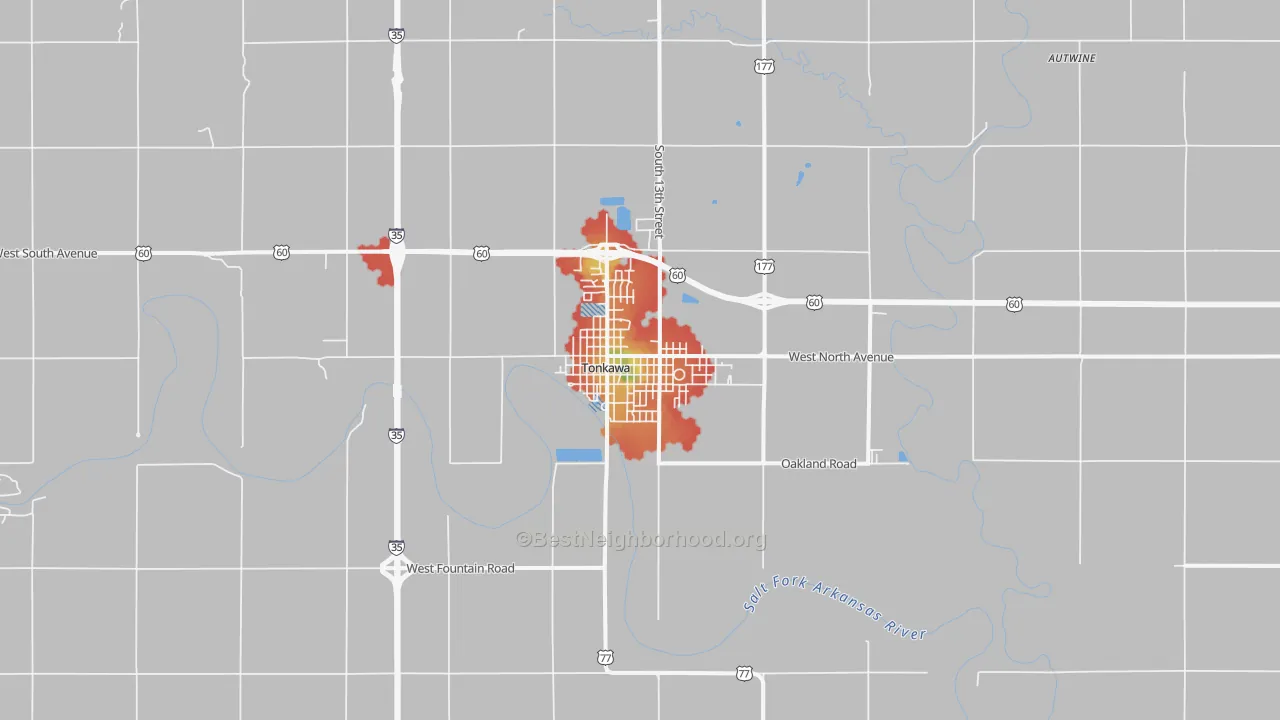 Walk Grade map of Tonkawa, OK, walkable areas in green and car-dependent areas in red