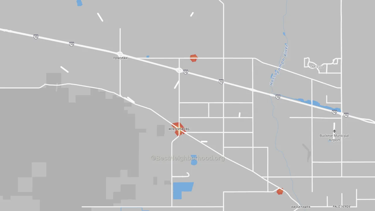 Walk Grade map of Tonopah, AZ, walkable areas in green and car-dependent areas in red