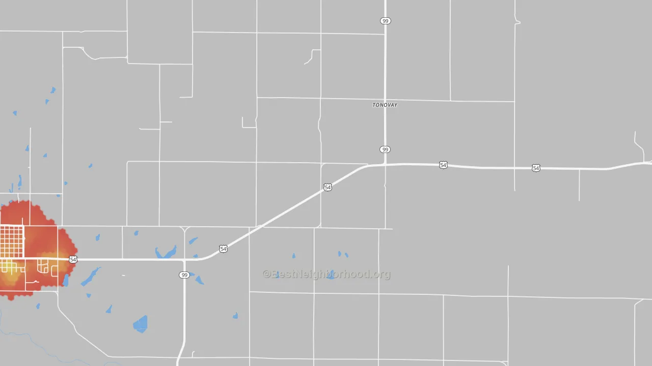 Walk Grade map of Tonovay, KS, walkable areas in green and car-dependent areas in red
