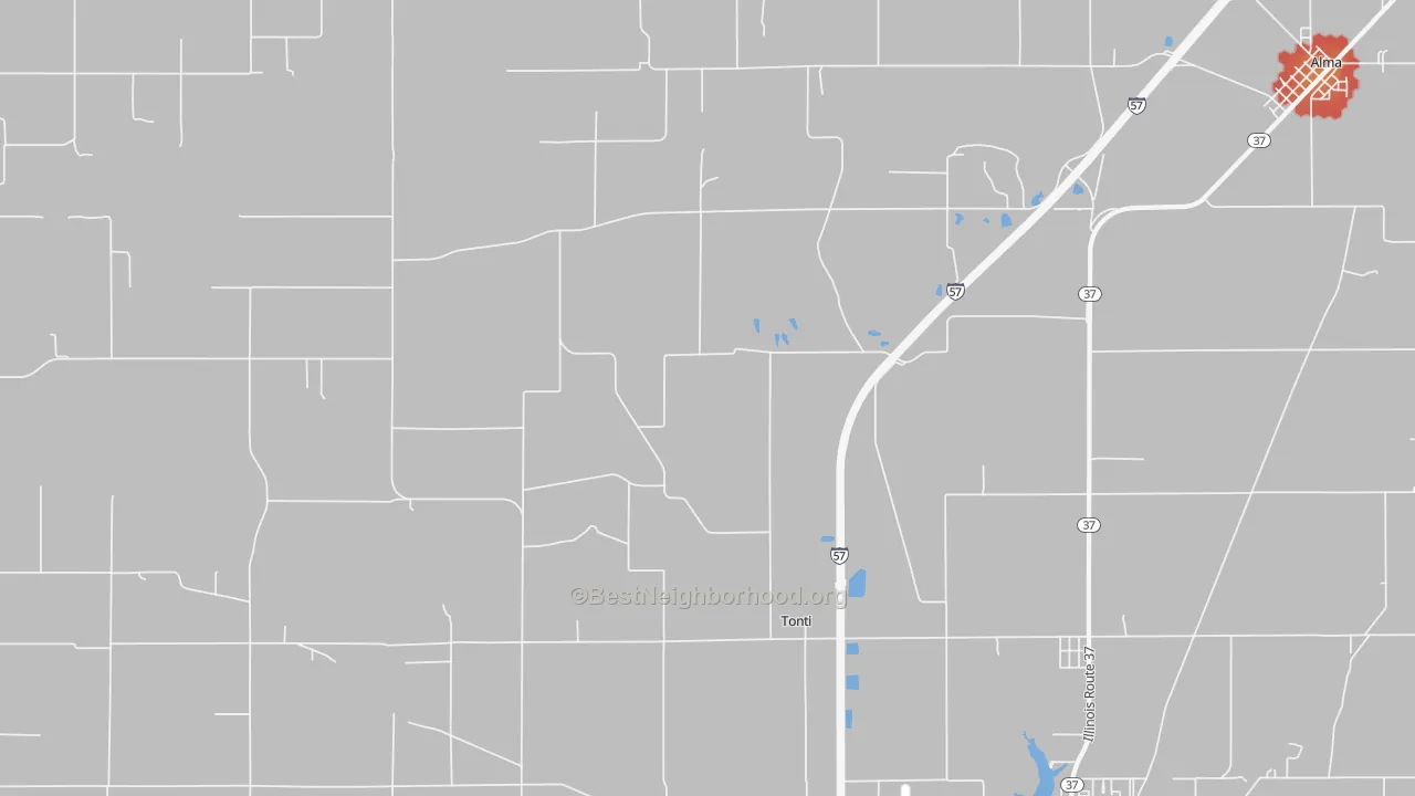 Walk Grade map of Tonti, IL, walkable areas in green and car-dependent areas in red