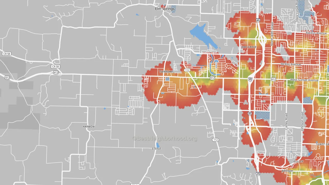 Walk Grade map of Tontitown, AR, walkable areas in green and car-dependent areas in red