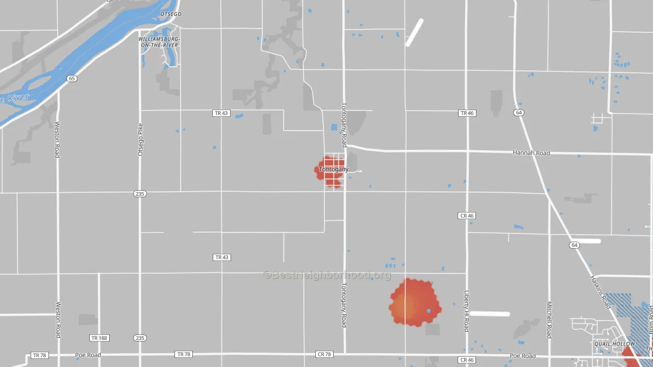 Walk Grade map of Tontogany, OH, walkable areas in green and car-dependent areas in red