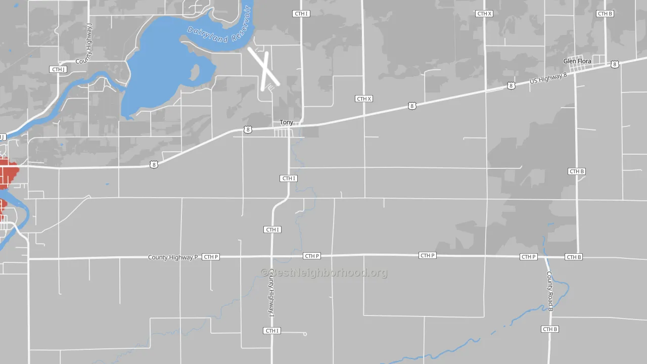 Walk Grade map of Tony, WI, walkable areas in green and car-dependent areas in red