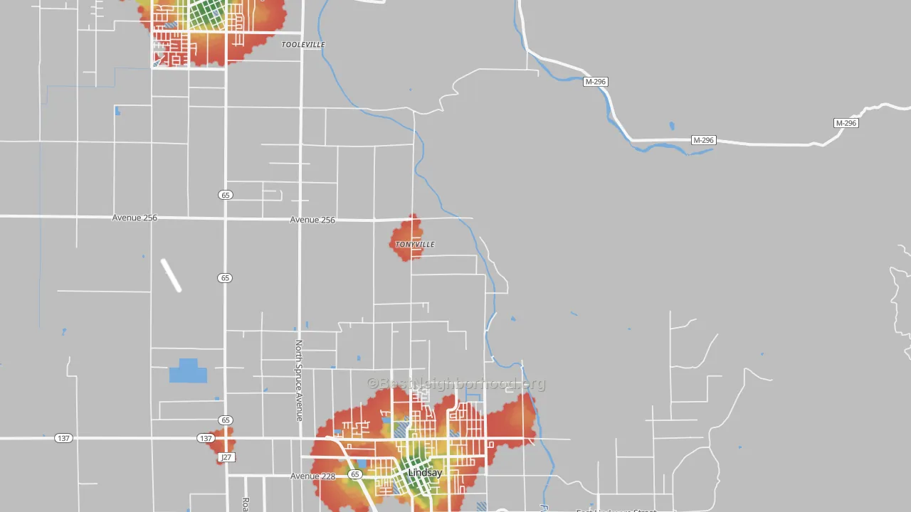 Walk Grade map of Tonyville, CA, walkable areas in green and car-dependent areas in red
