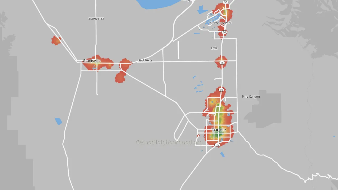 Walk Grade map of Tooele County, UT, walkable areas in green and car-dependent areas in red
