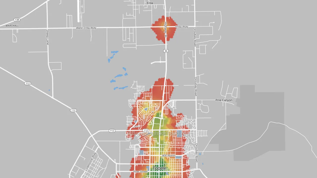 Walk Grade map of Tooele, UT, walkable areas in green and car-dependent areas in red