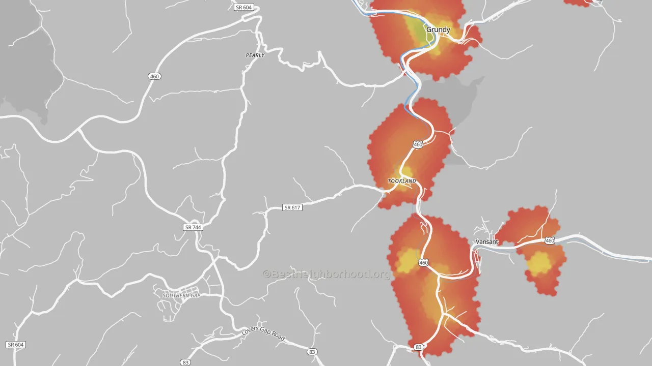 Walk Grade map of Tookland, VA, walkable areas in green and car-dependent areas in red