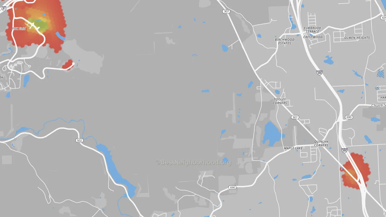 Walk Grade map of Tooley Corners, PA, walkable areas in green and car-dependent areas in red