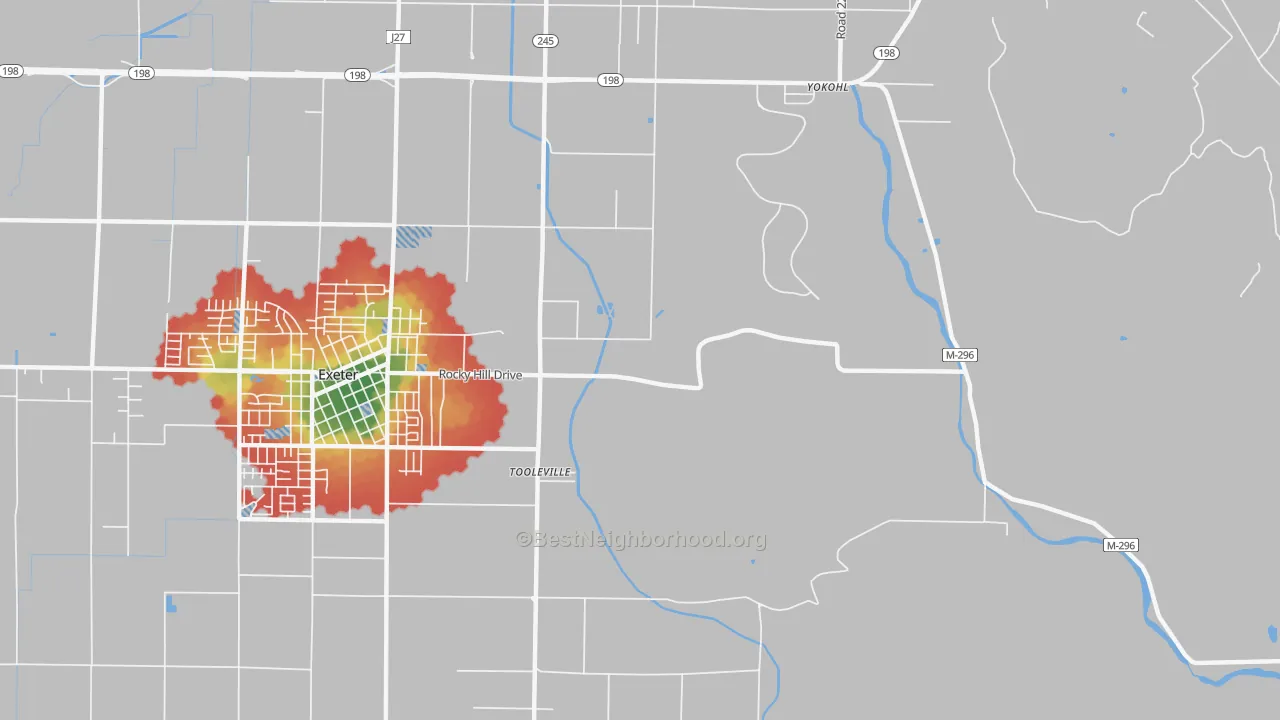 Walk Grade map of Toolville, CA, walkable areas in green and car-dependent areas in red