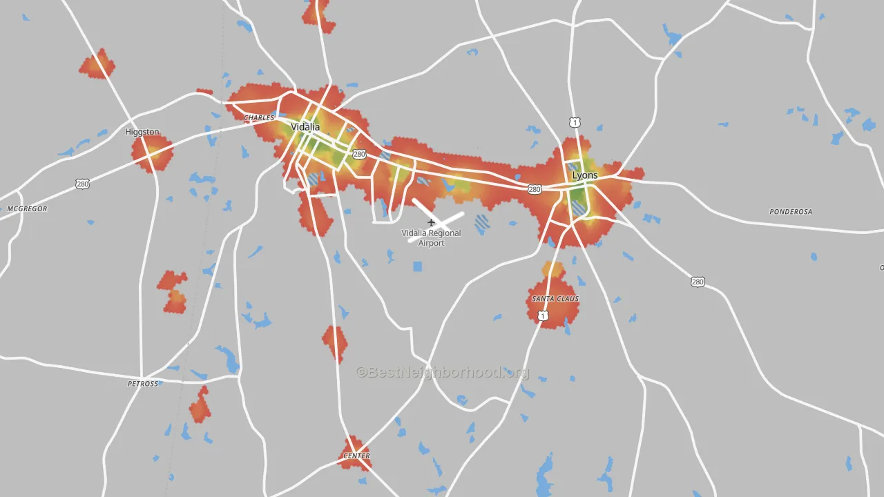 Walk Grade map of Toombs County, GA, walkable areas in green and car-dependent areas in red