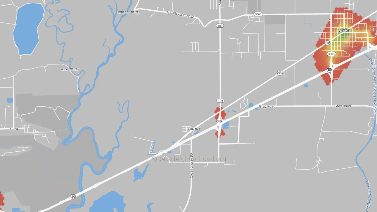 Walk Grade map of Toomey, LA, walkable areas in green and car-dependent areas in red