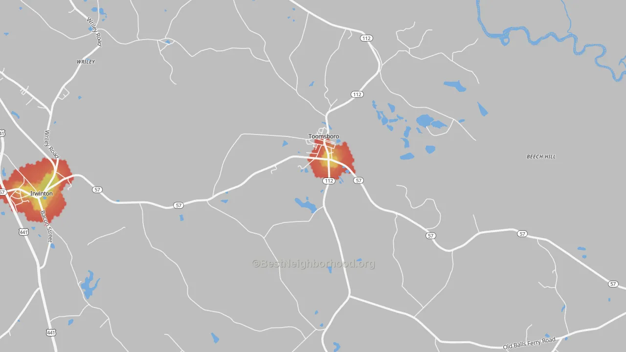 Walk Grade map of Toomsboro, GA, walkable areas in green and car-dependent areas in red