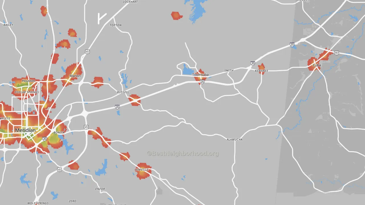 Walk Grade map of Toomsuba, MS, walkable areas in green and car-dependent areas in red
