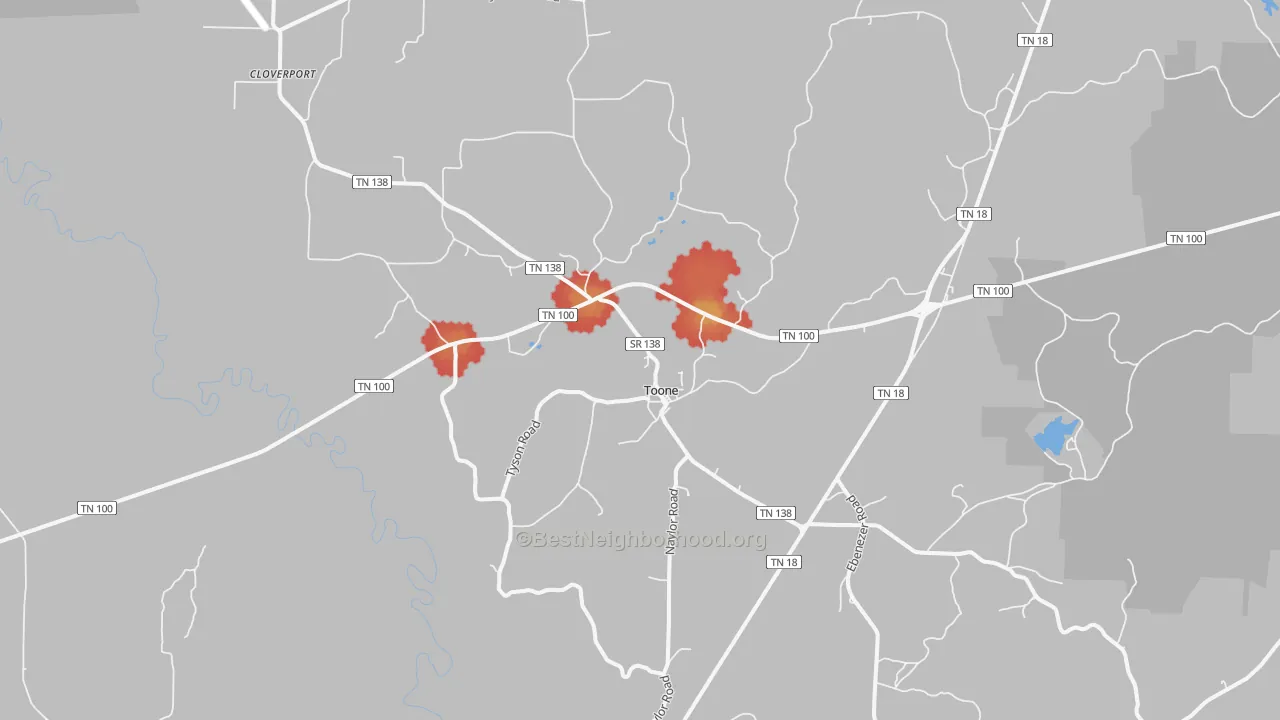 Walk Grade map of Toone, TN, walkable areas in green and car-dependent areas in red