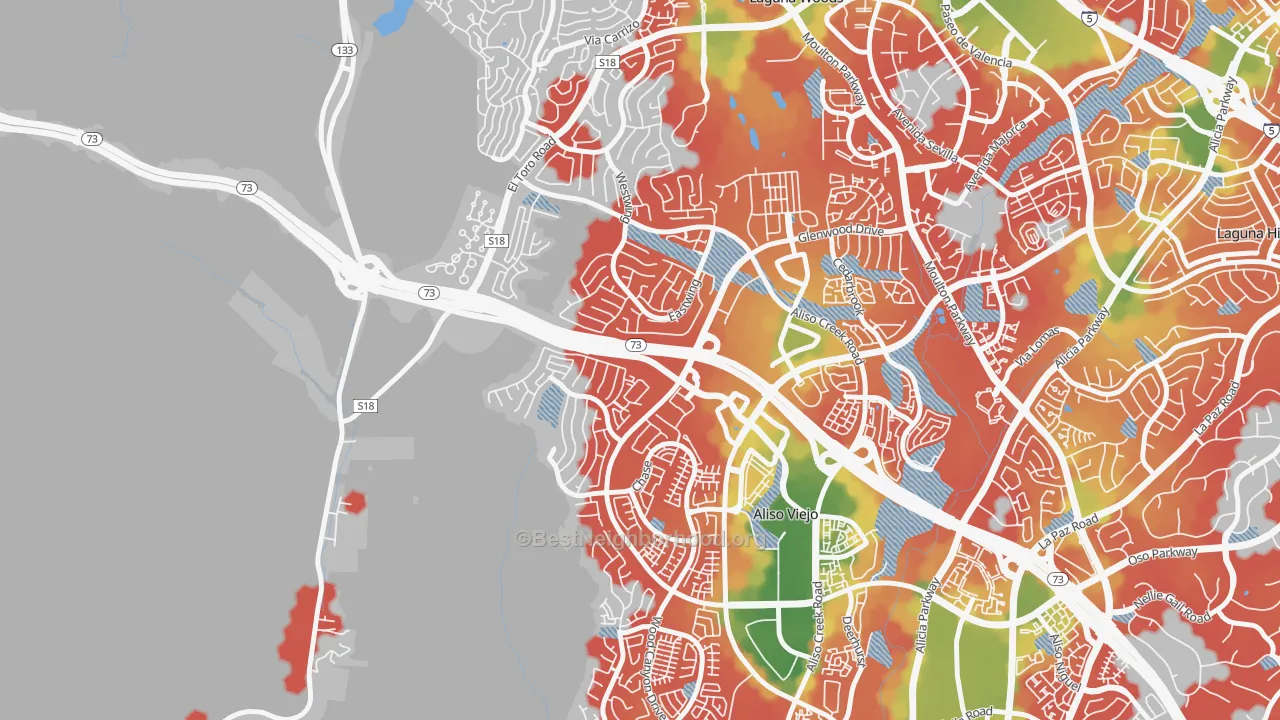 Walk Grade map of Top-of-the-World, CA, walkable areas in green and car-dependent areas in red