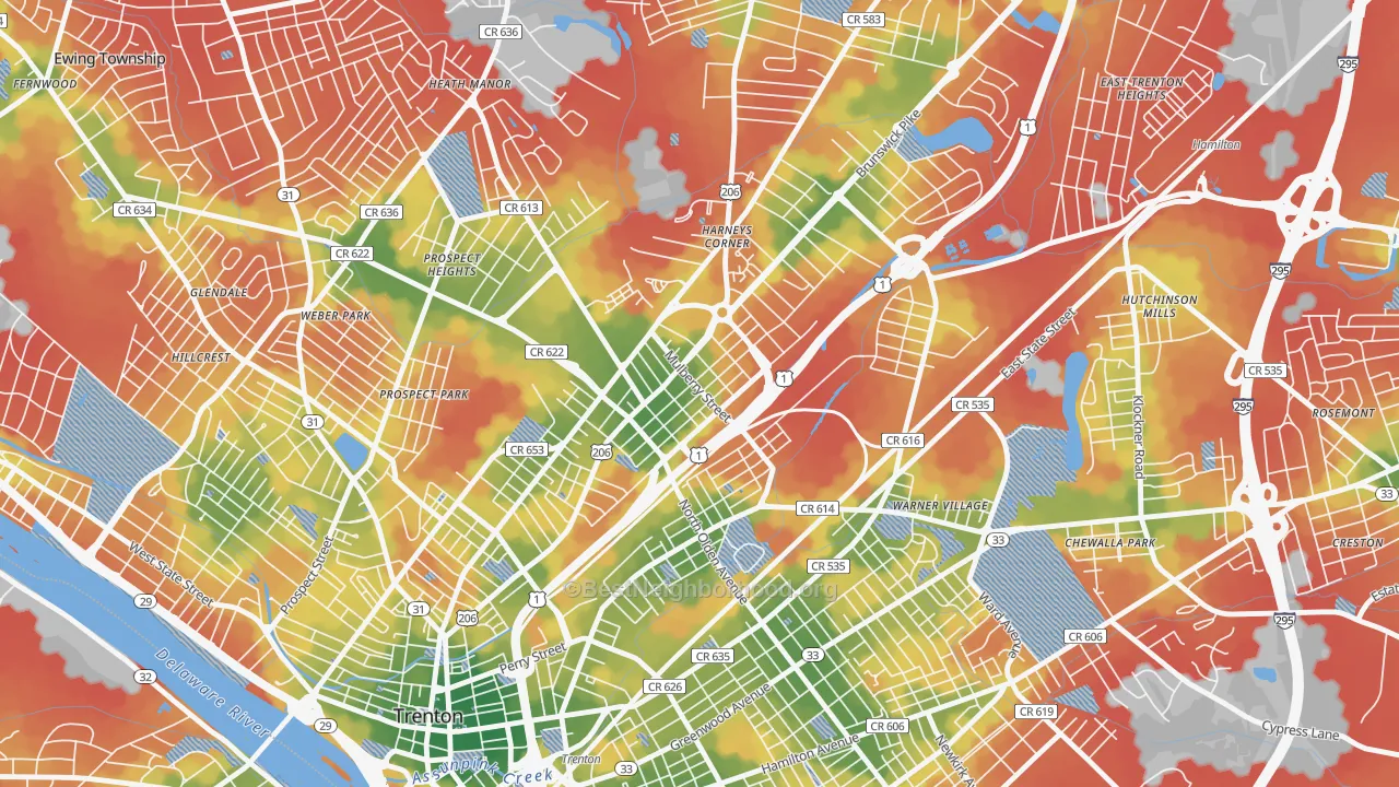 Walk Grade map of Top Road, Trenton, NJ, walkable areas in green and car-dependent areas in red