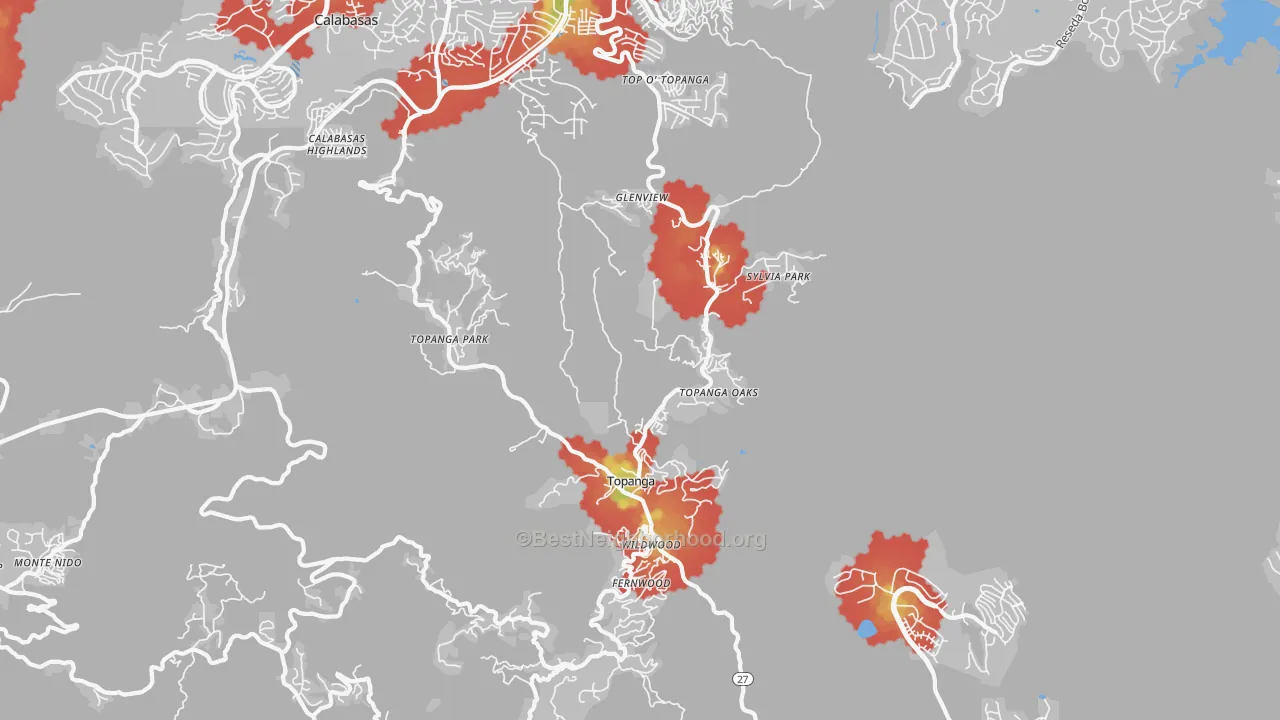 Walk Grade map of Topanga, CA, walkable areas in green and car-dependent areas in red