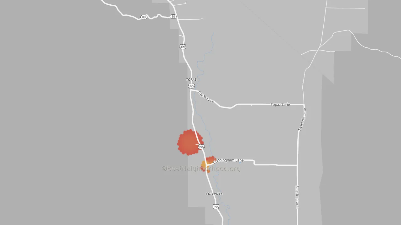 Walk Grade map of Topaz, CA, walkable areas in green and car-dependent areas in red
