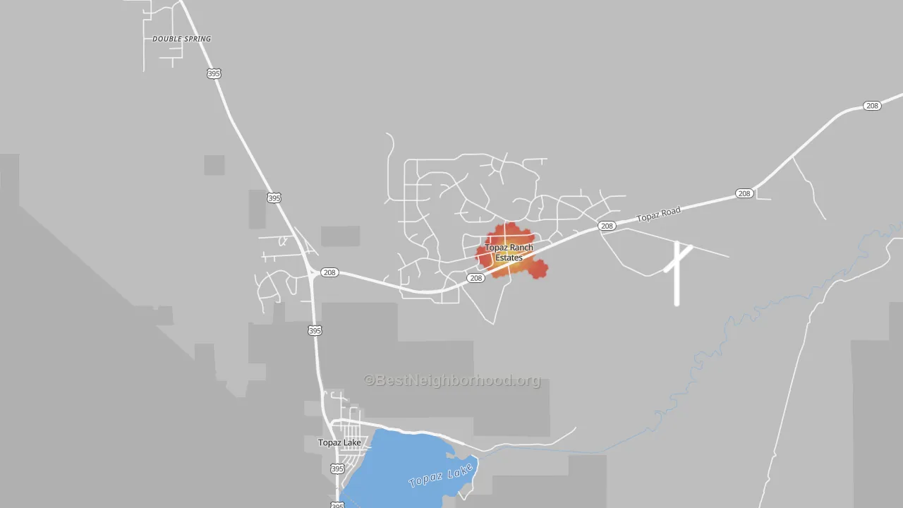 Walk Grade map of Topaz Lake, NV, walkable areas in green and car-dependent areas in red