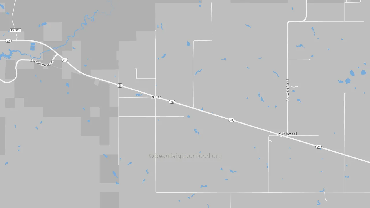 Walk Grade map of Topaz, MI, walkable areas in green and car-dependent areas in red