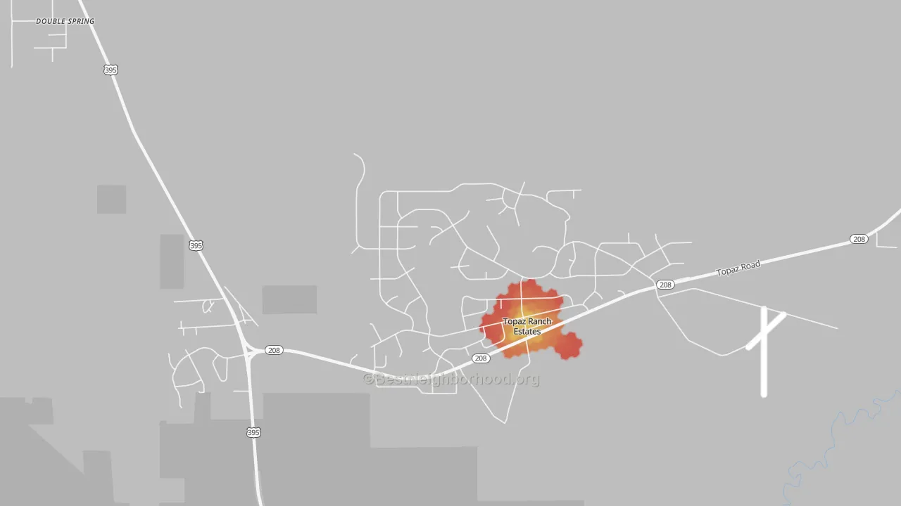 Walk Grade map of Topaz Ranch Estates, NV, walkable areas in green and car-dependent areas in red