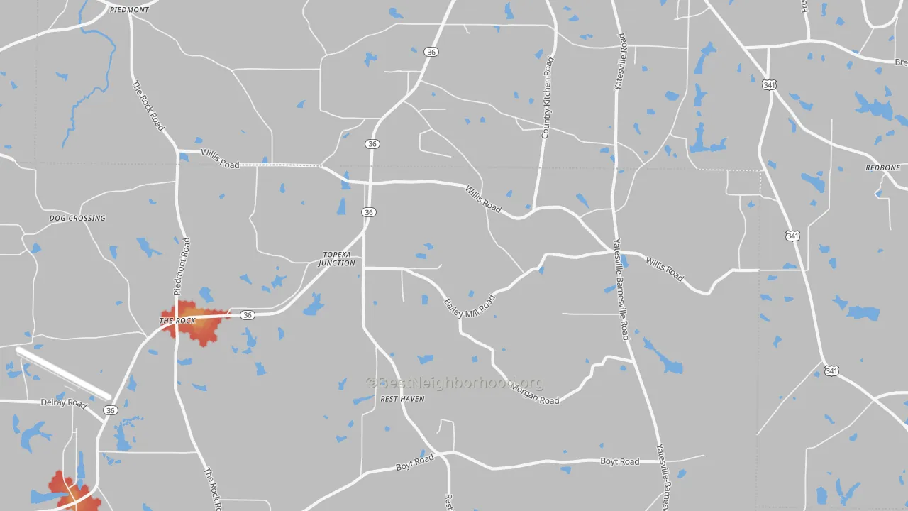 Walk Grade map of Topeka Junction, GA, walkable areas in green and car-dependent areas in red
