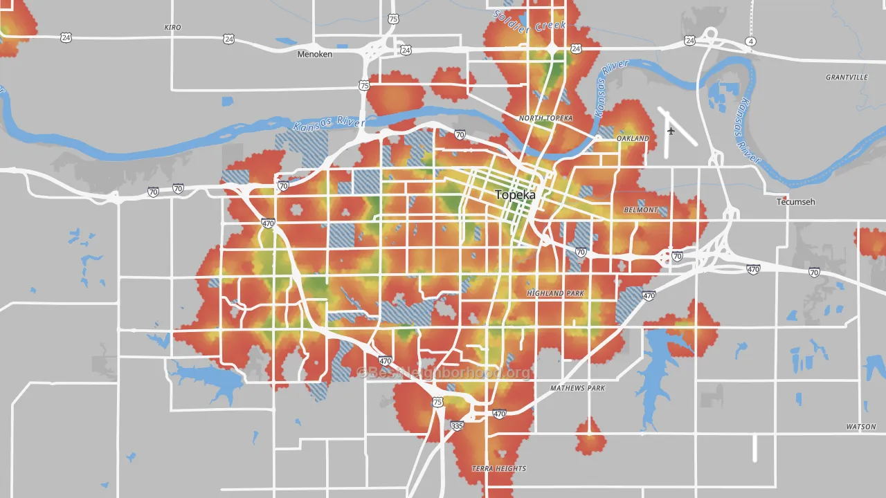 Walk Grade map of Topeka, KS, walkable areas in green and car-dependent areas in red