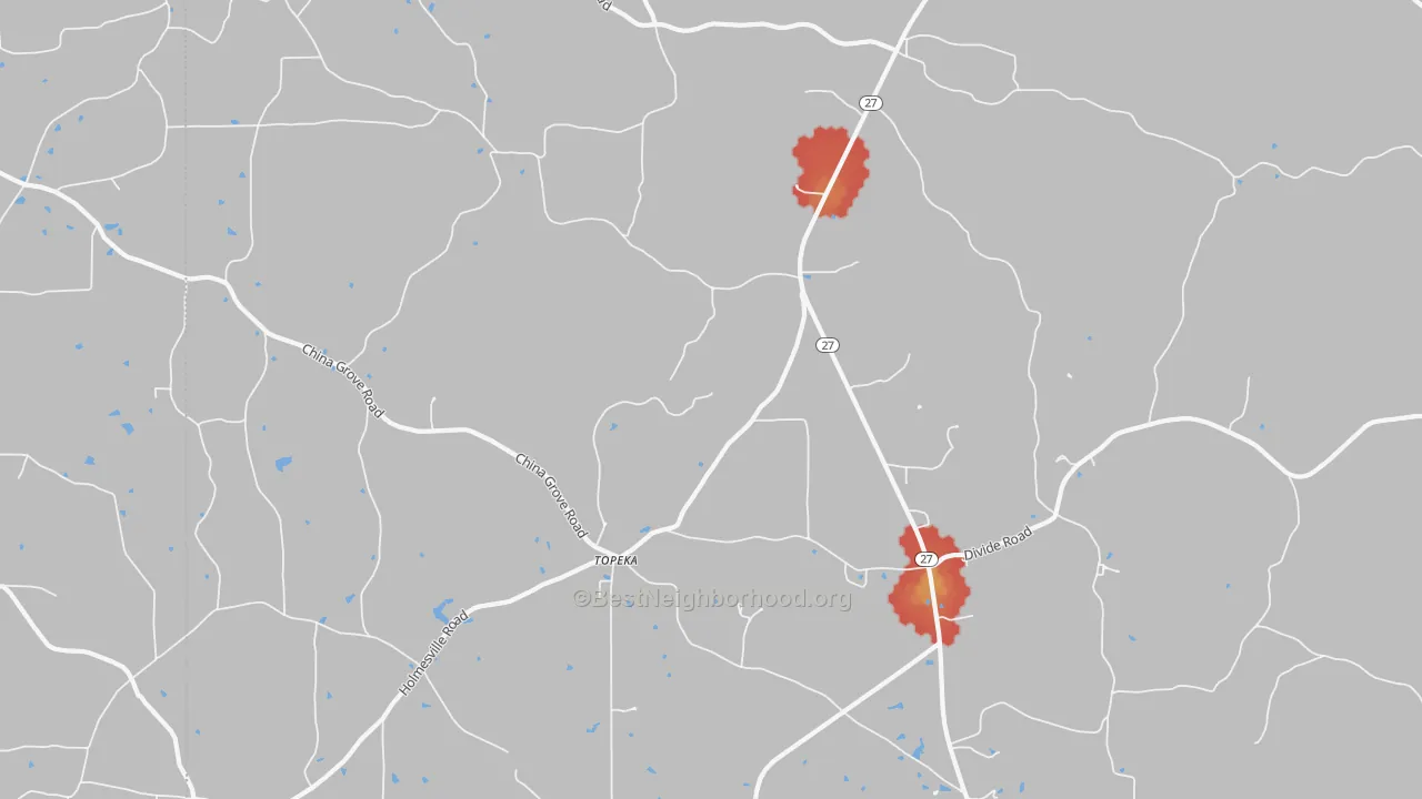 Walk Grade map of Topeka, MS, walkable areas in green and car-dependent areas in red