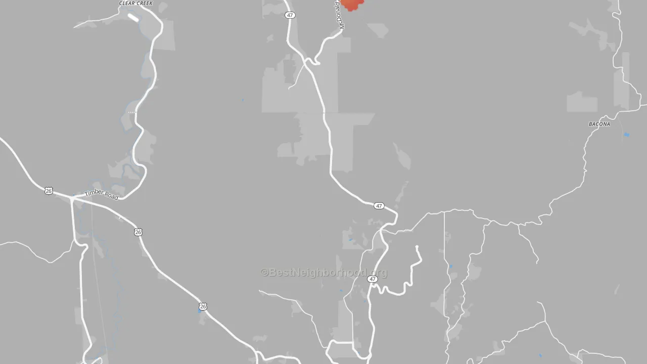 Walk Grade map of Tophill, OR, walkable areas in green and car-dependent areas in red