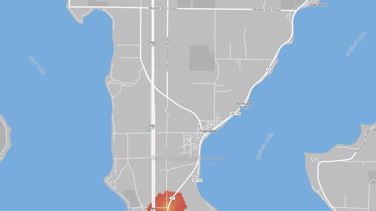 Walk Grade map of Topinabee, MI, walkable areas in green and car-dependent areas in red