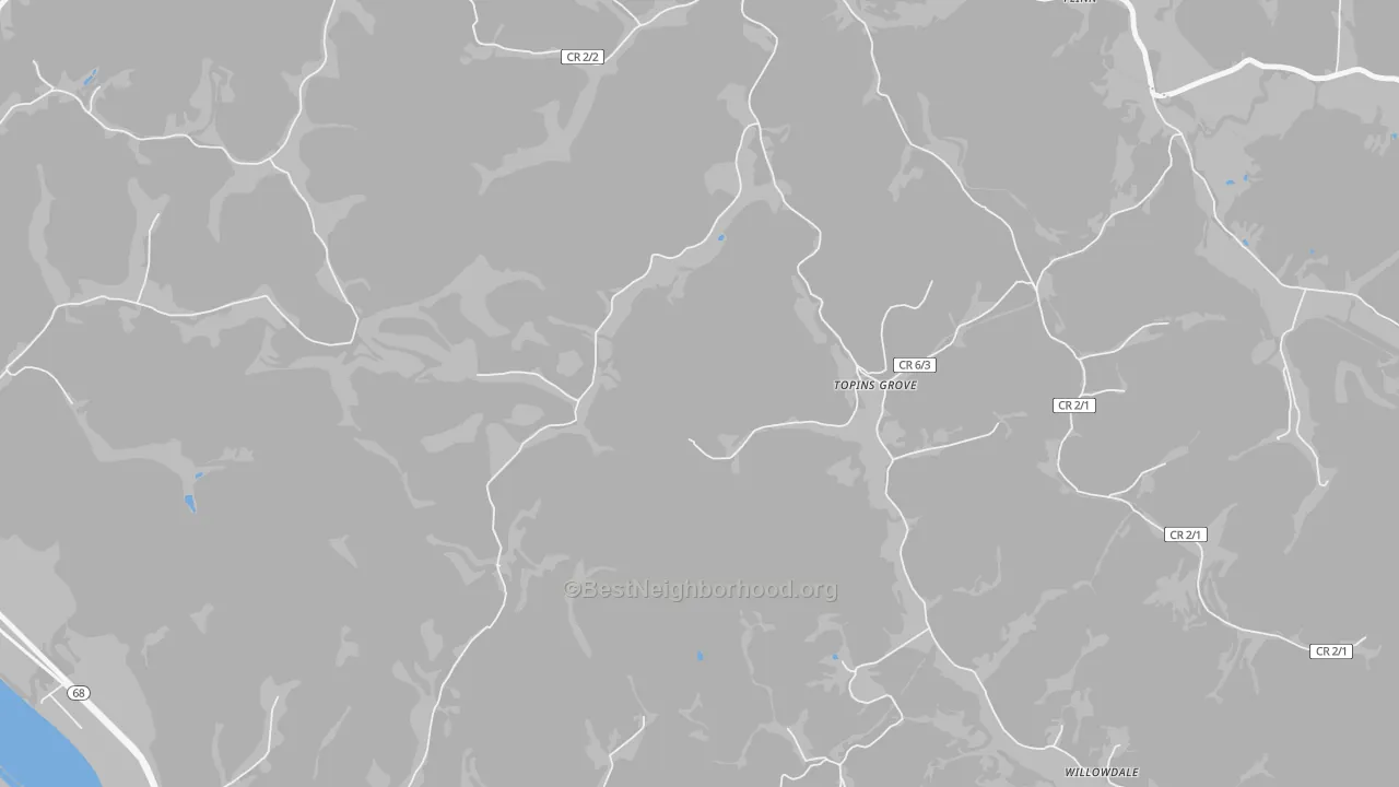 Walk Grade map of Topins Grove, WV, walkable areas in green and car-dependent areas in red