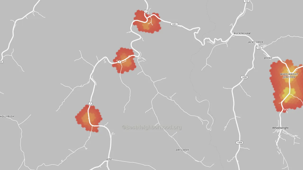 Walk Grade map of Topmost, KY, walkable areas in green and car-dependent areas in red
