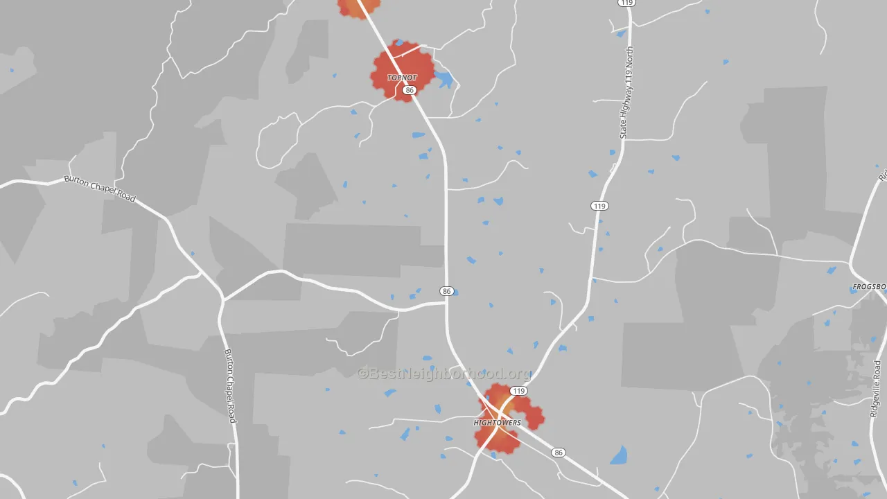 Walk Grade map of Topnot, NC, walkable areas in green and car-dependent areas in red