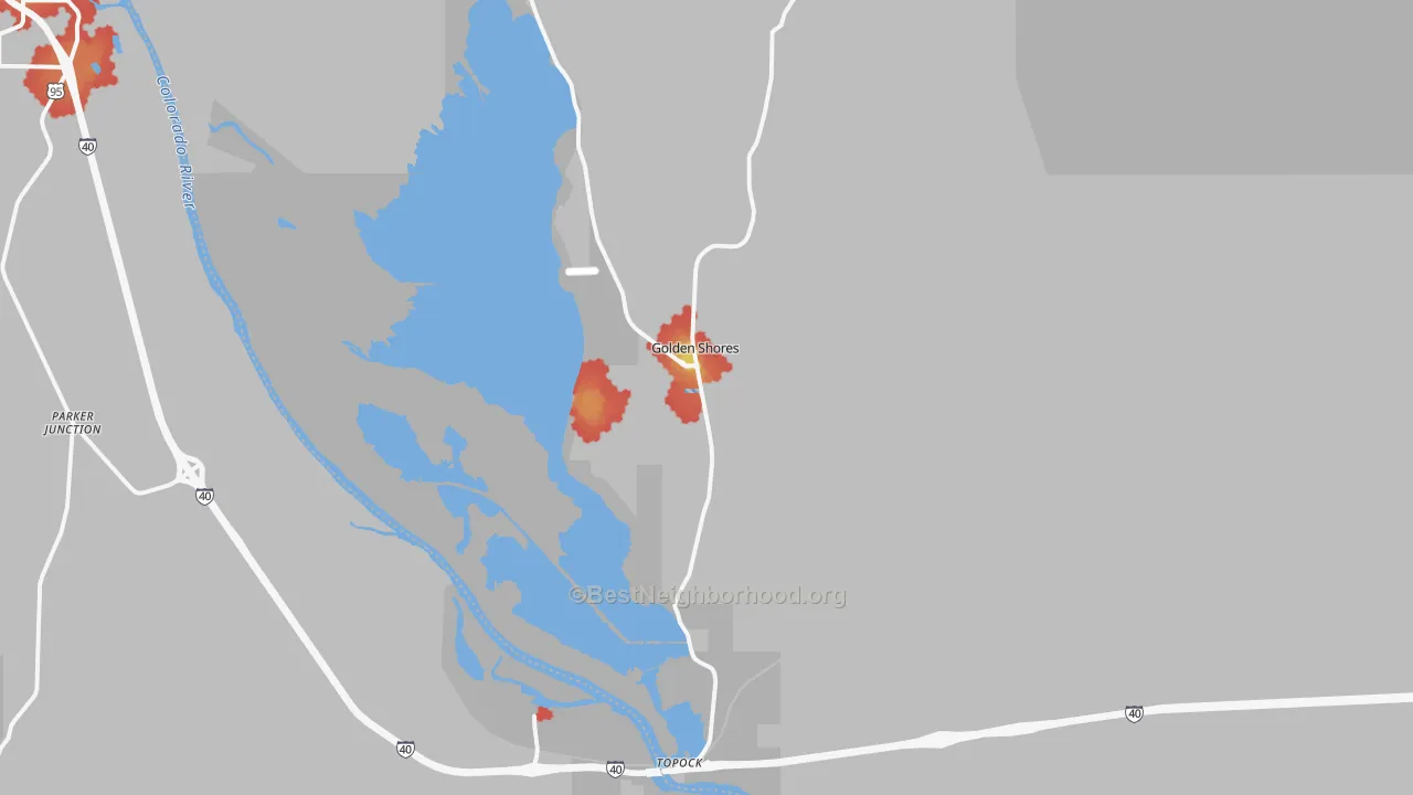 Walk Grade map of Topock, AZ, walkable areas in green and car-dependent areas in red