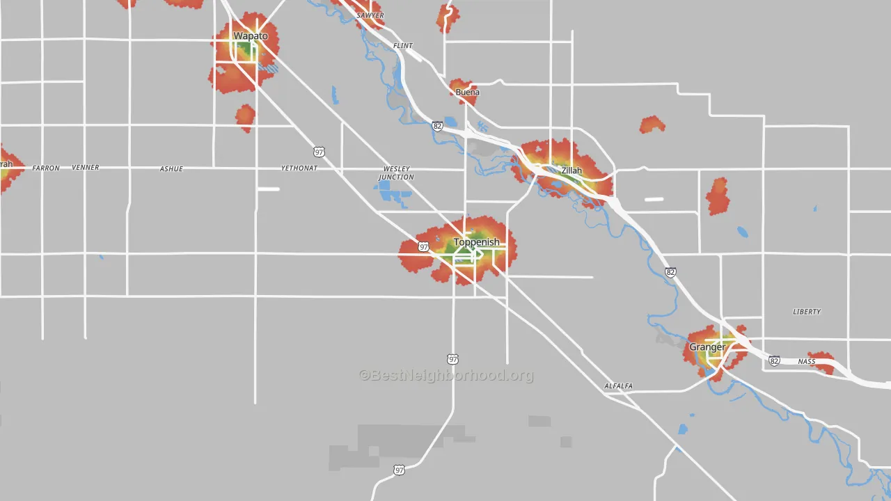 Walk Grade map of Toppenish, WA, walkable areas in green and car-dependent areas in red