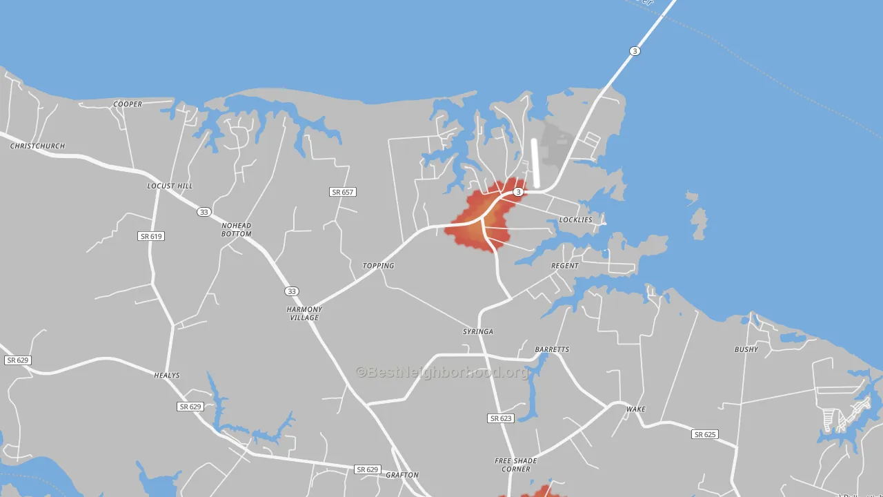 Walk Grade map of Topping, VA, walkable areas in green and car-dependent areas in red