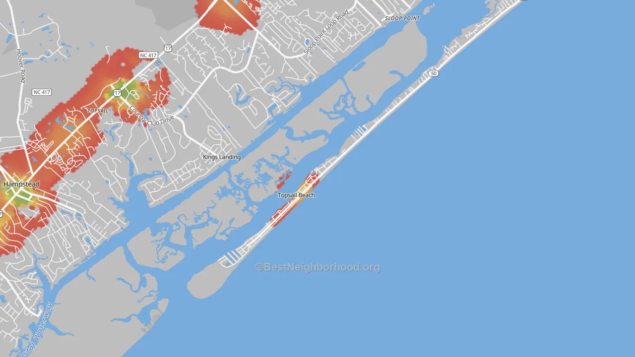 Walk Grade map of Topsail Beach, NC, walkable areas in green and car-dependent areas in red