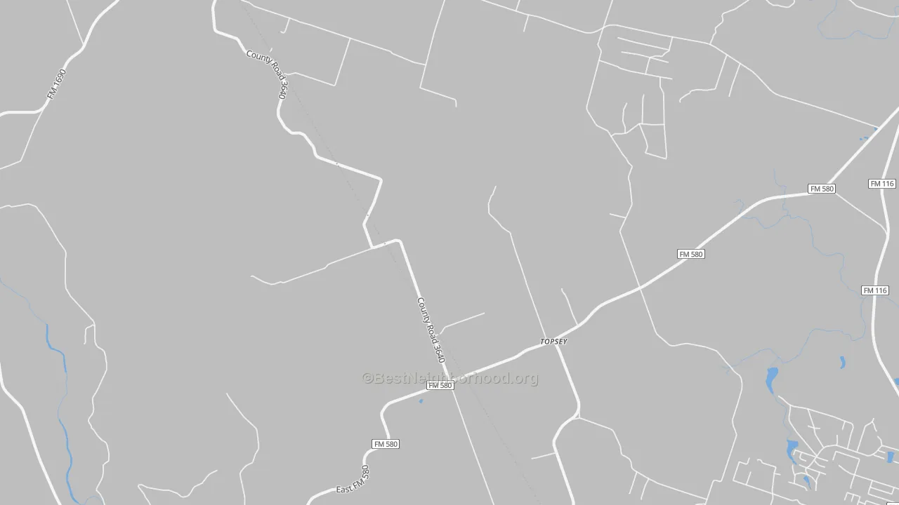 Walk Grade map of Topsey, TX, walkable areas in green and car-dependent areas in red