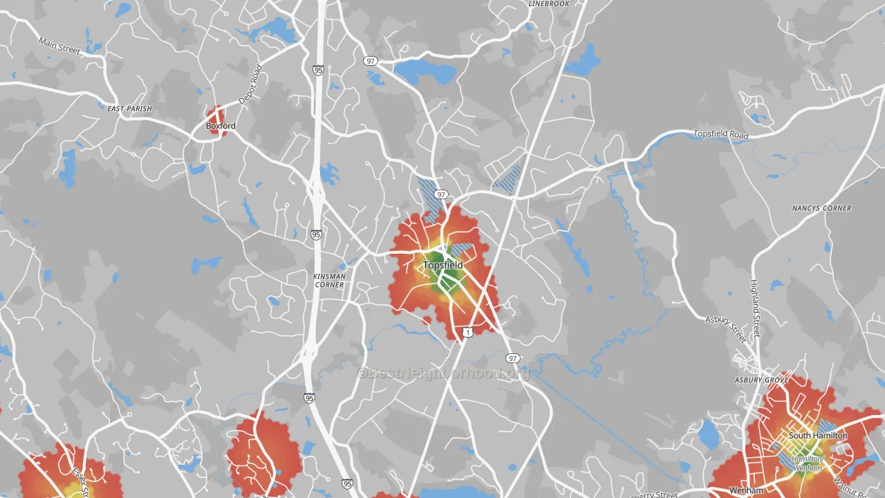 Walk Grade map of Topsfield, MA, walkable areas in green and car-dependent areas in red