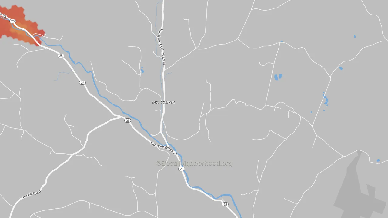 Walk Grade map of Topsham Four Corners, VT, walkable areas in green and car-dependent areas in red