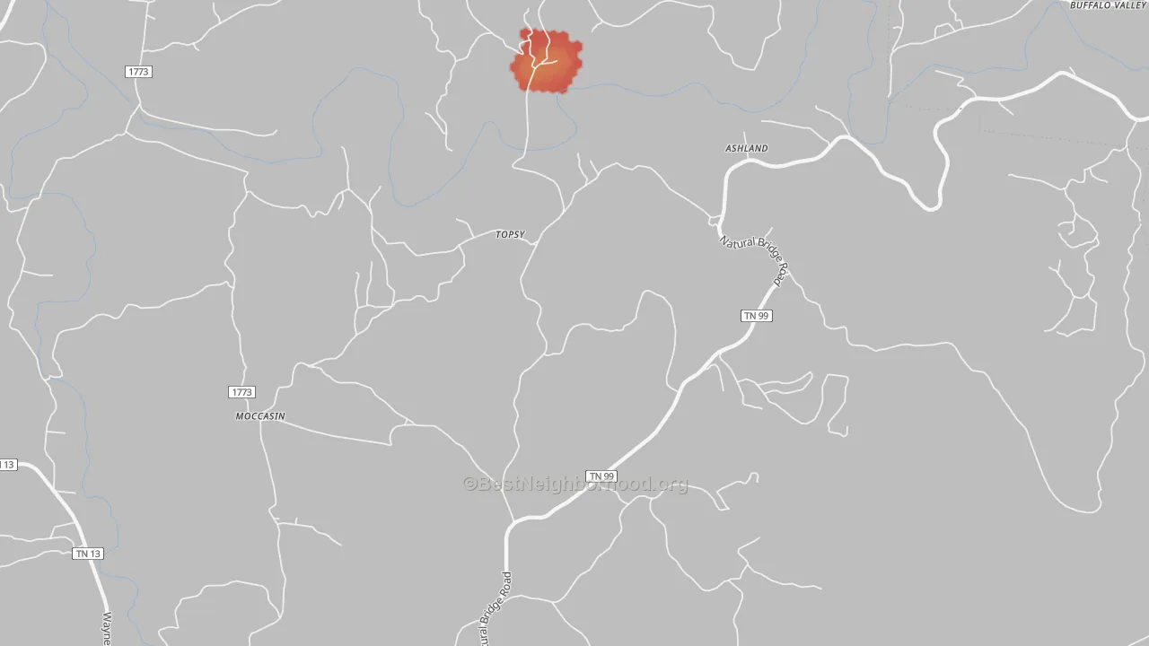 Walk Grade map of Topsy, TN, walkable areas in green and car-dependent areas in red