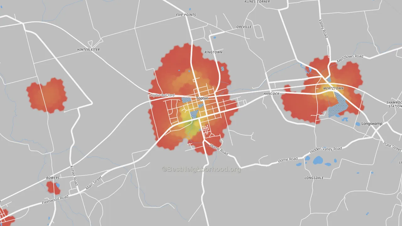 Walk Grade map of Topton, PA, walkable areas in green and car-dependent areas in red