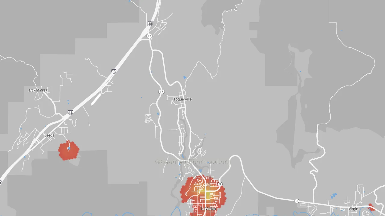 Walk Grade map of Toquerville, UT, walkable areas in green and car-dependent areas in red