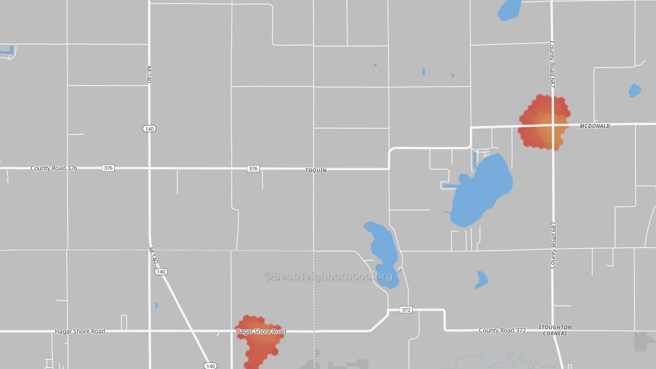 Walk Grade map of Toquin, MI, walkable areas in green and car-dependent areas in red