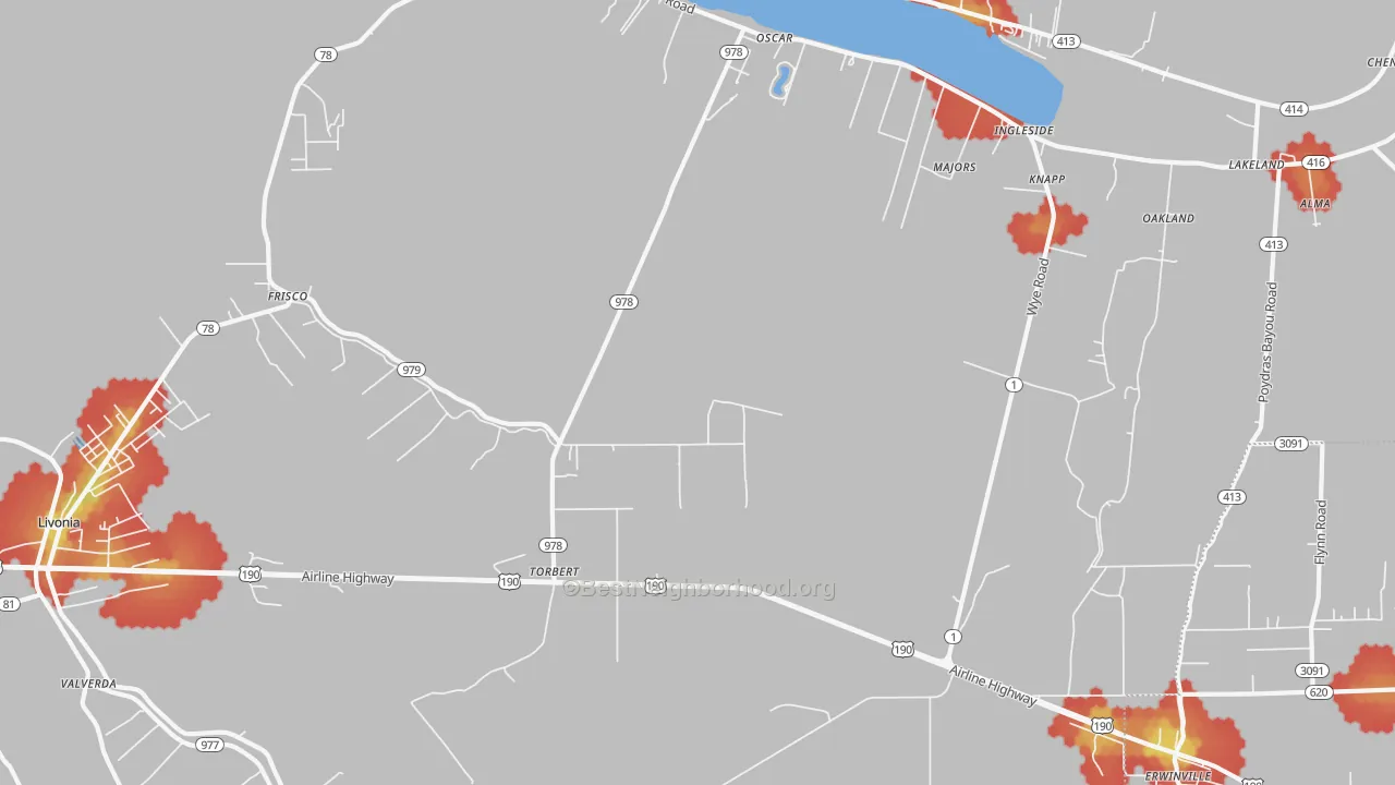 Walk Grade map of Torbert, LA, walkable areas in green and car-dependent areas in red