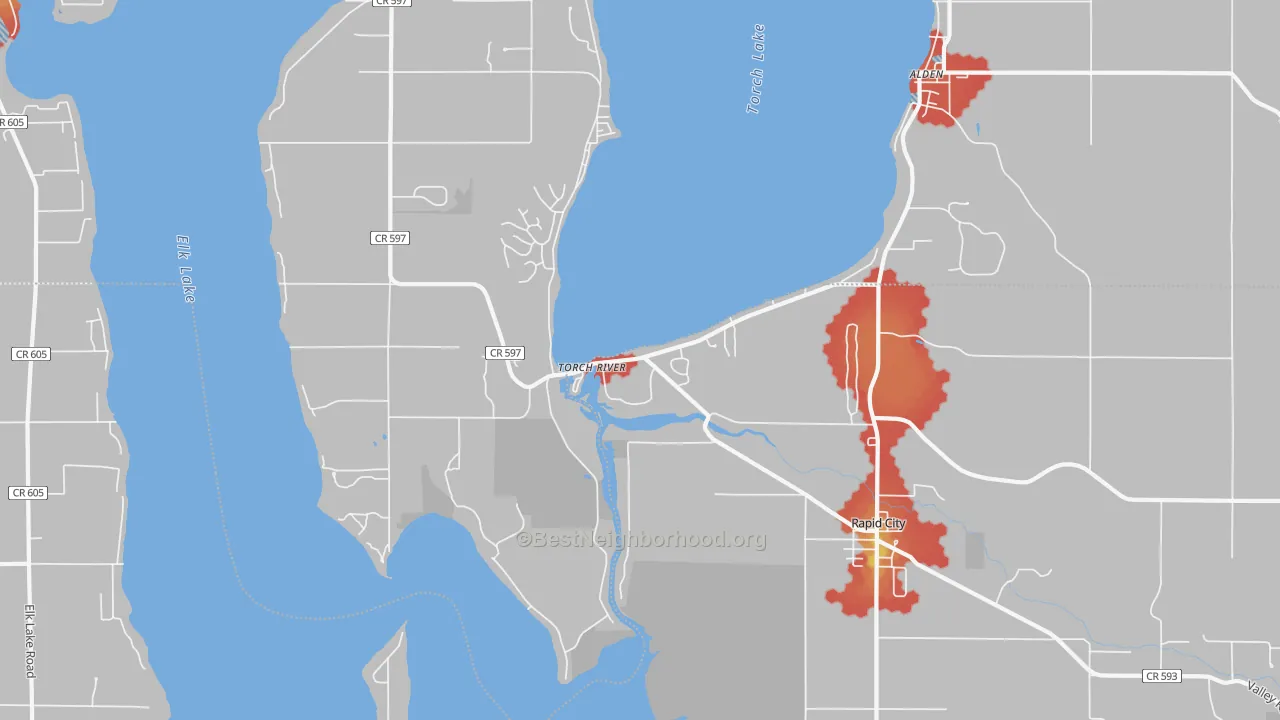 Walk Grade map of Torch River, MI, walkable areas in green and car-dependent areas in red