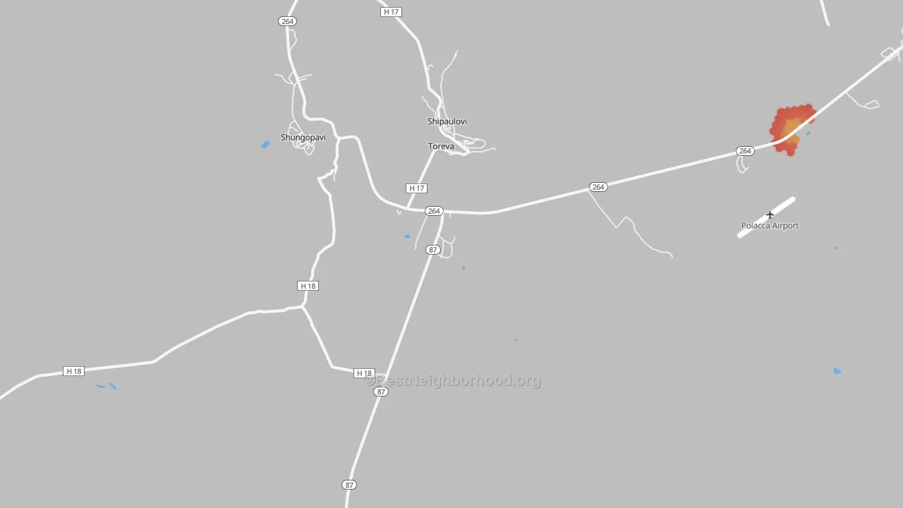 Walk Grade map of Toreva, AZ, walkable areas in green and car-dependent areas in red