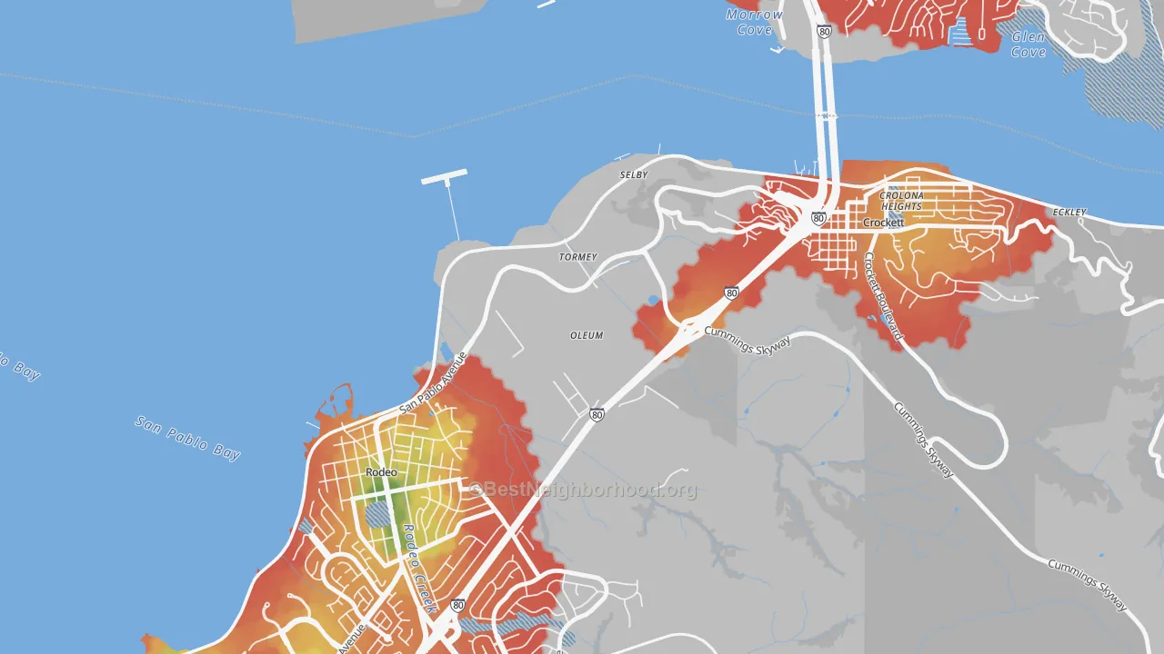 Walk Grade map of Tormey, CA, walkable areas in green and car-dependent areas in red