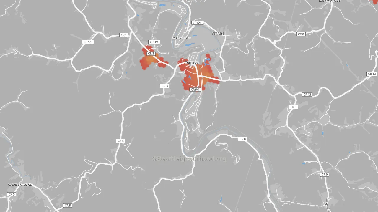 Walk Grade map of Tornado, WV, walkable areas in green and car-dependent areas in red